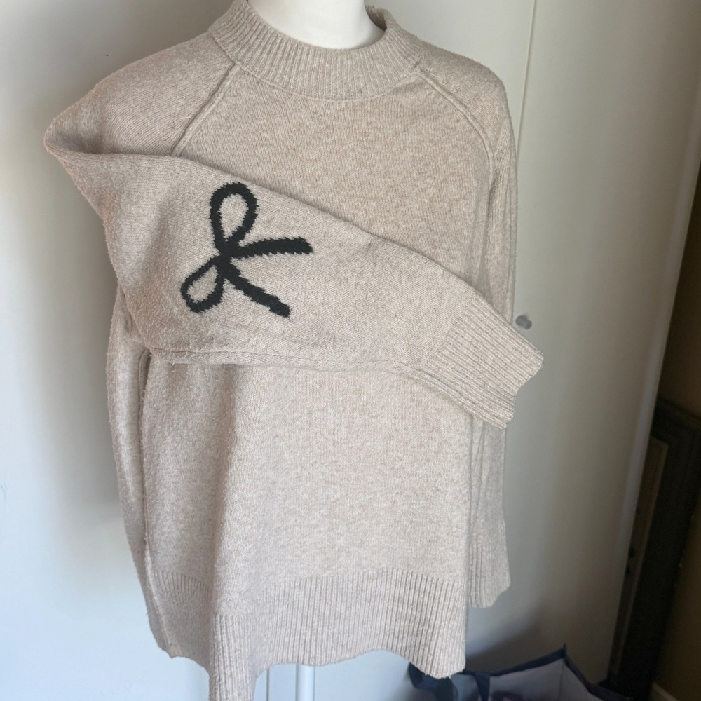 Aerie Coquette Bow Sweater Women XXS Oversized Beige Cozycore Cabin Soft Girl
